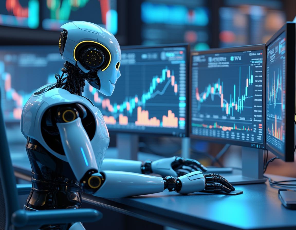 A futuristic AI trading bot at a high-tech workstation analyzing stock and crypto market data.