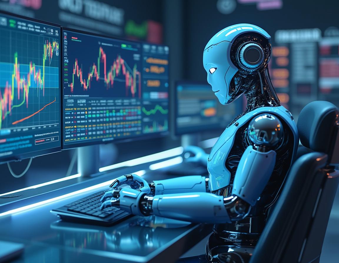 A humanoid AI trading bot analyzes market data at a hyper-modern workstation with multiple screens.