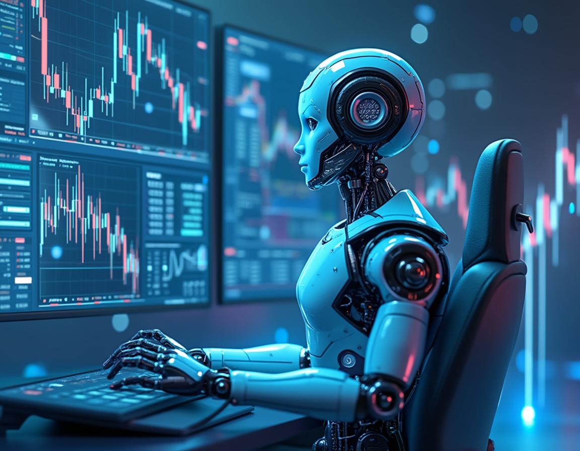 A humanoid AI trading bot at a high-tech workstation, analyzing market data across multiple screens.