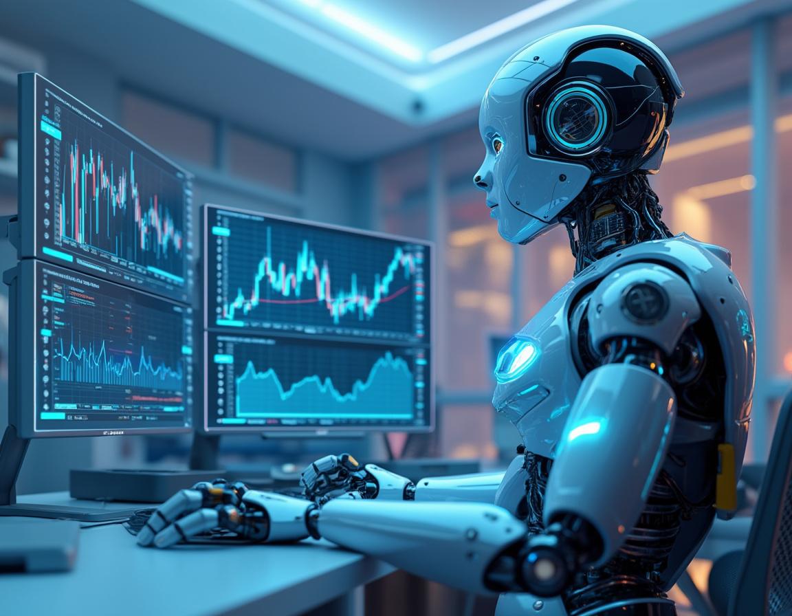 A hyper-realistic AI trading bot in a high-tech workstation analyzing cryptocurrency market data.