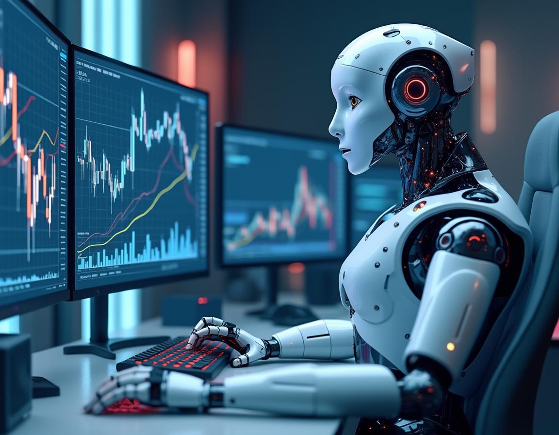 A hyper-realistic AI trading bot at a workstation, analyzing market data across multiple screens.