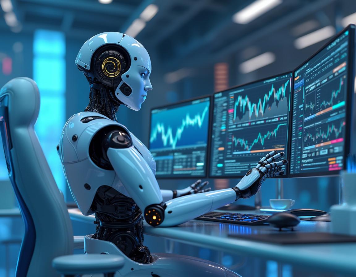 A humanoid AI trading bot analyzes market data at a high-tech workstation, surrounded by screens.
