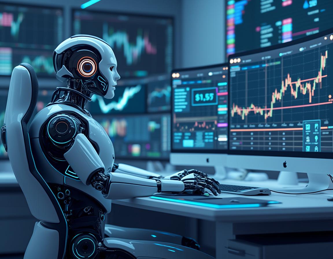 A humanoid AI trading bot at a high-tech workstation analyzes market data on multiple screens.