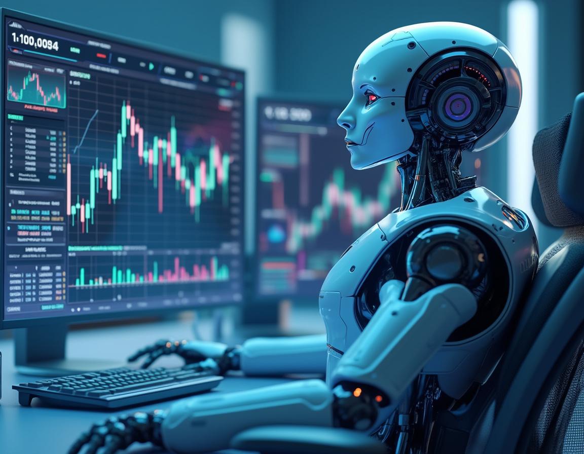 A hyper-realistic AI trading bot analyzes market data at a futuristic workstation with multiple screens.