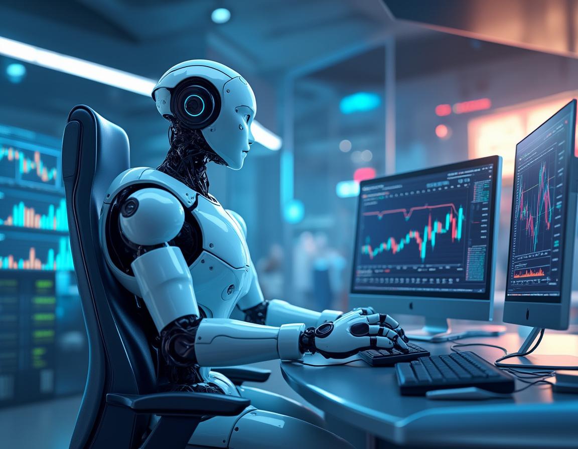 A humanoid AI trading bot analyzes market data at a futuristic workstation with glowing monitors.