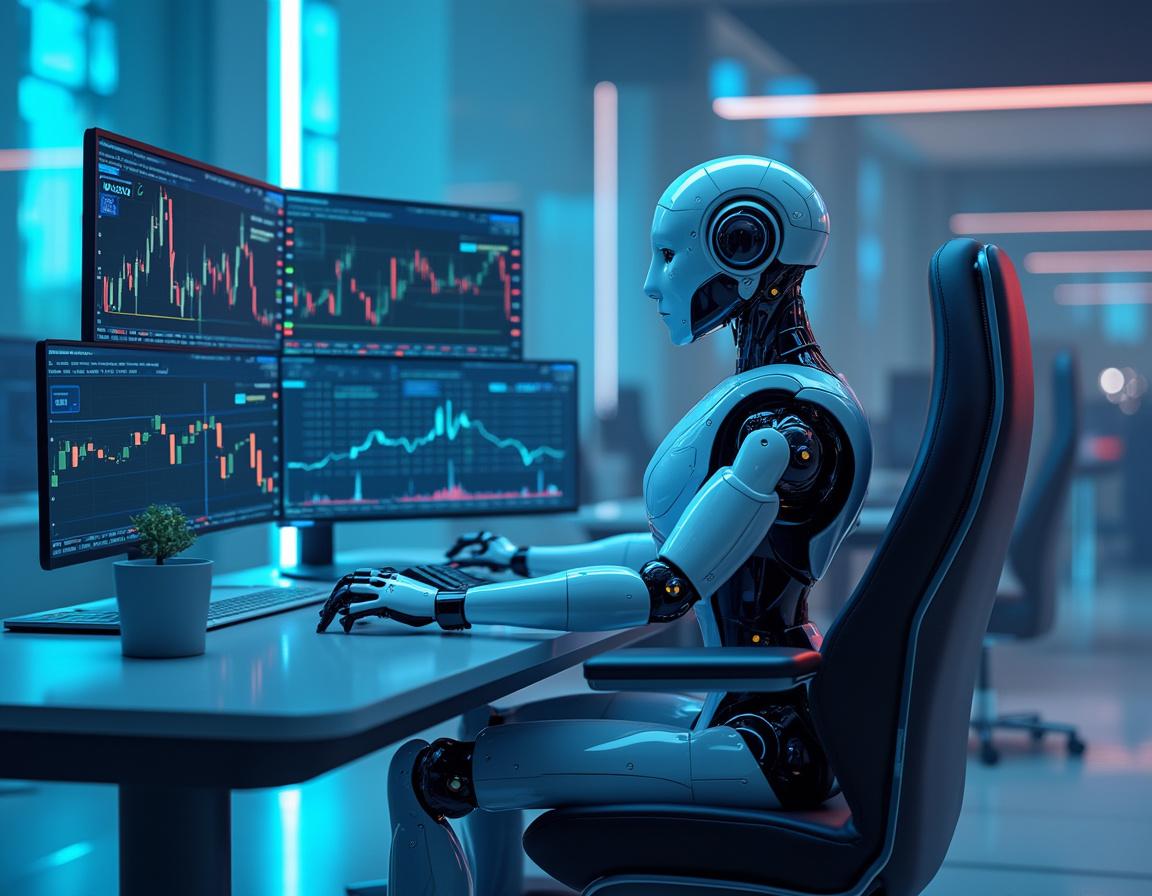A humanoid AI trading bot at a high-tech workstation analyzing market data on multiple screens.