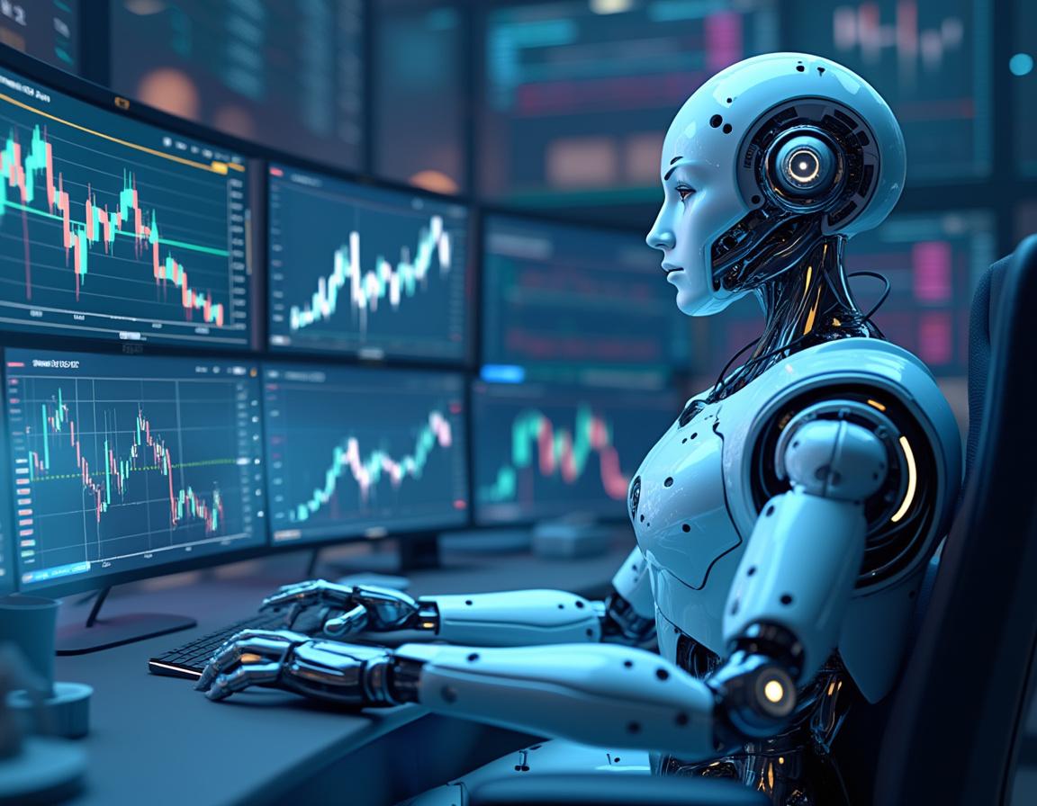 A humanoid AI trading bot analyzing market data at a high-tech workstation with multiple screens.