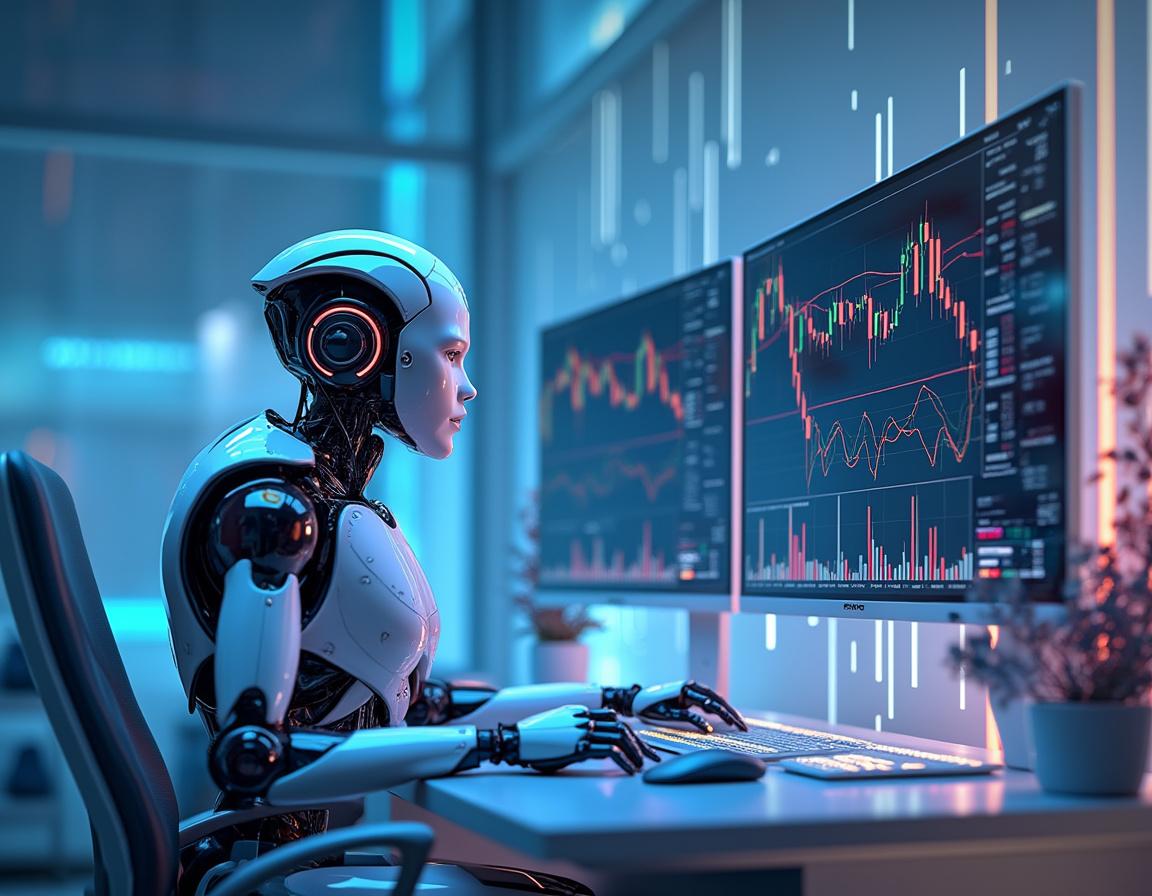 A hyper-realistic AI trading bot at a workstation analyzing market data across multiple screens.