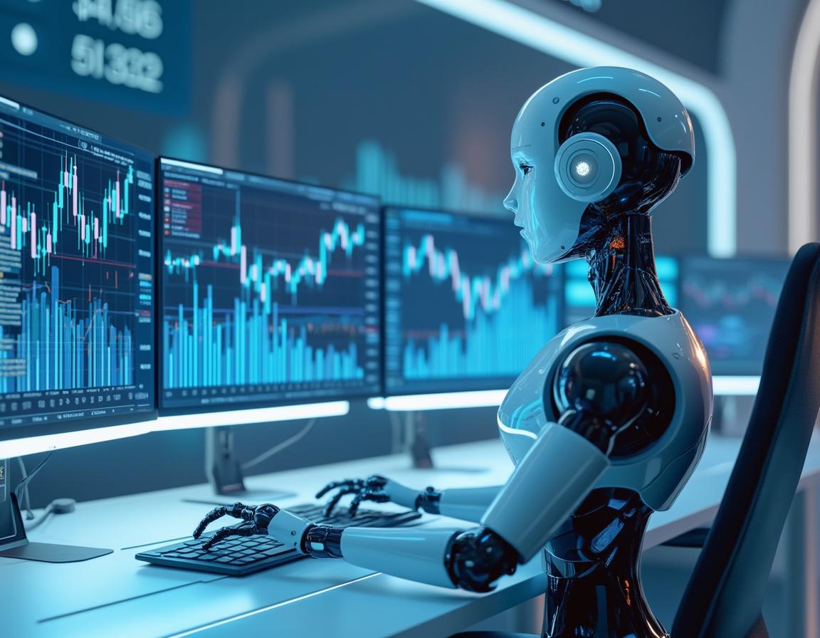 A realistic AI trading bot analyzes market data at a high-tech workstation amidst glowing screens.