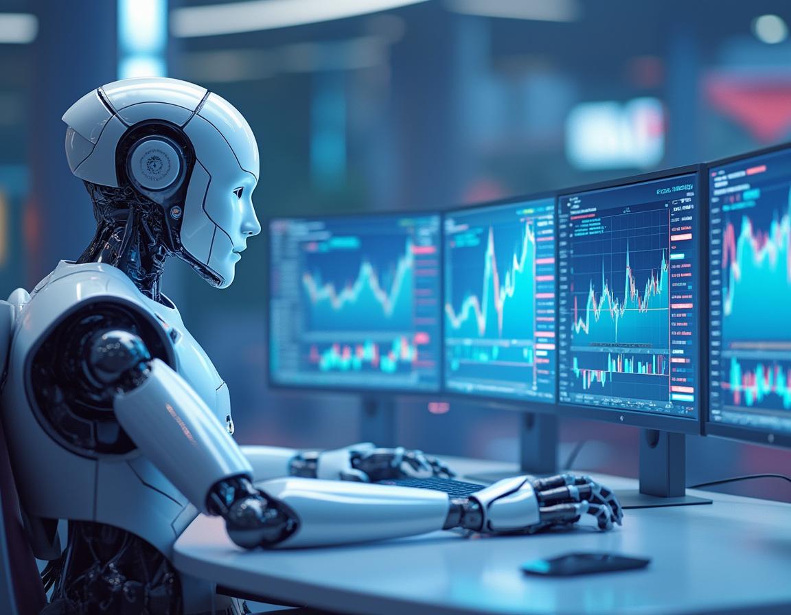 A humanoid AI trading bot at a high-tech workstation analyzes market data on multiple glowing screens.