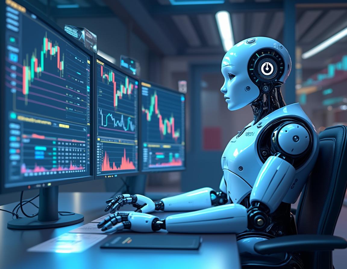 A hyper-realistic AI trading bot at a high-tech workstation analyzing stock and crypto market data.