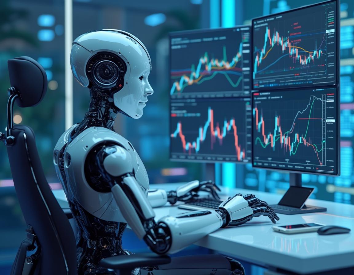 A hyper-realistic AI trading bot analyzes market data in a futuristic financial trading environment.