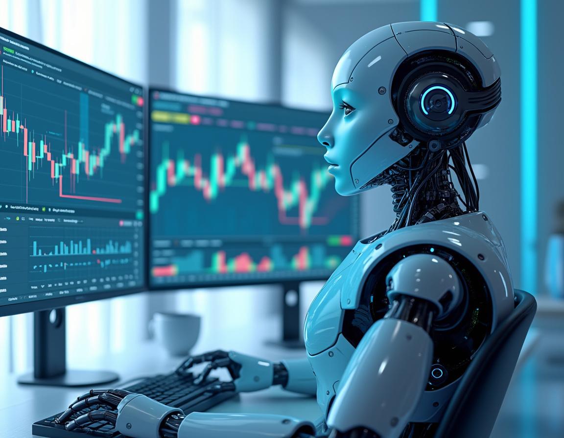 A humanoid AI trading bot at a high-tech workstation analyzes market data on multiple screens.