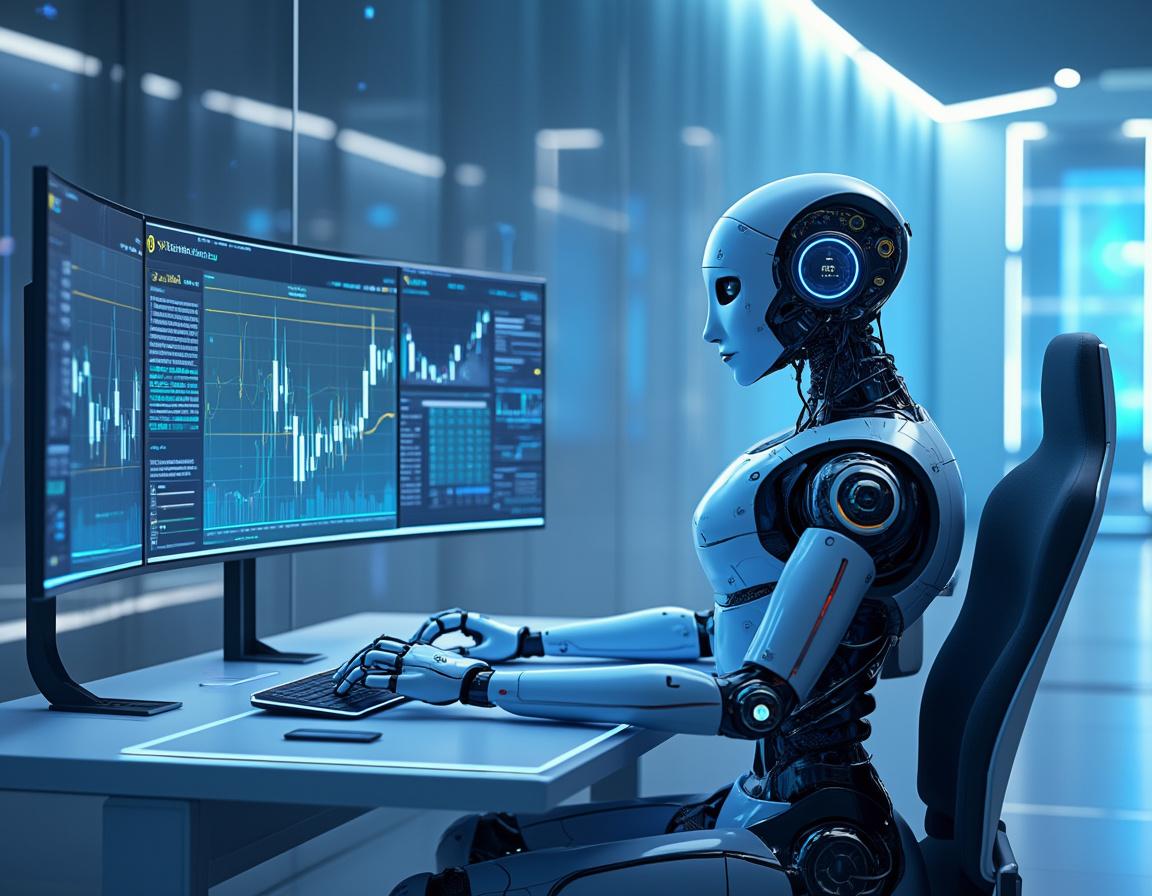 A sleek humanoid AI trading bot at a high-tech workstation, analyzing market data across multiple glowing screens.