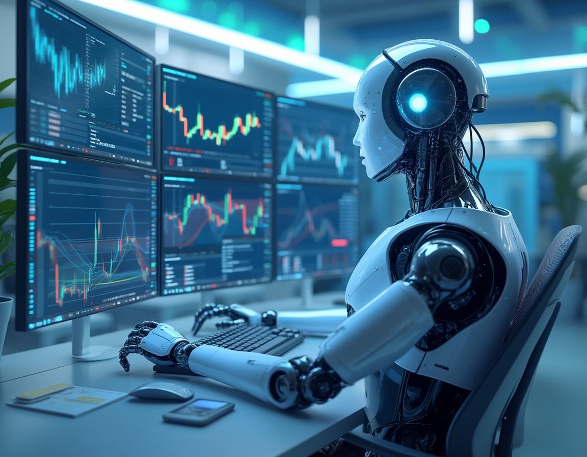A futuristic AI trading bot at a high-tech workstation analyzing market data on multiple screens.