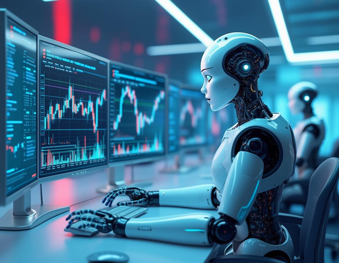 A humanoid AI trading bot at a high-tech workstation analyzing market data on multiple screens in a futuristic setting.