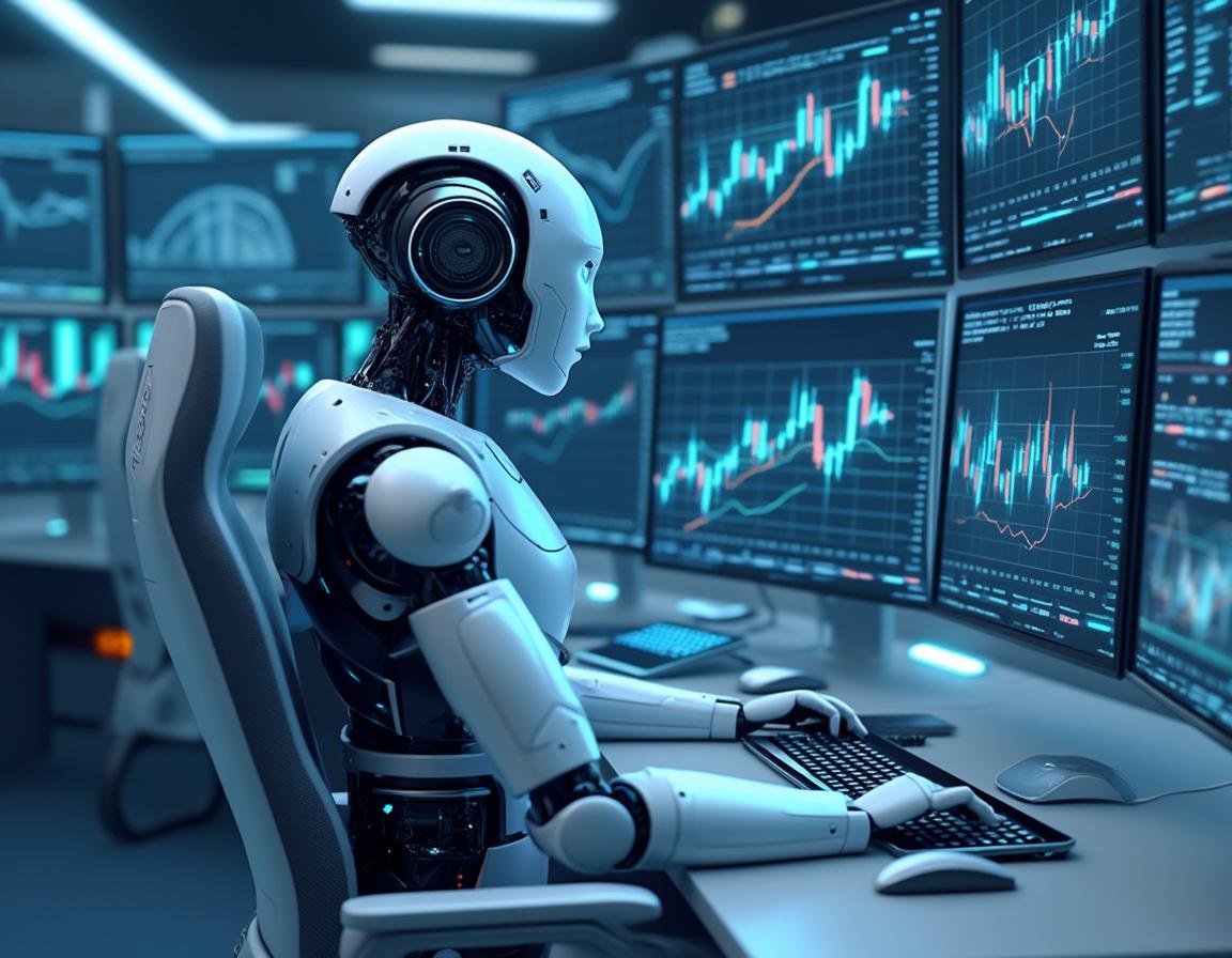 A humanoid AI trading bot analyzes market data at a high-tech workstation with multiple screens.
