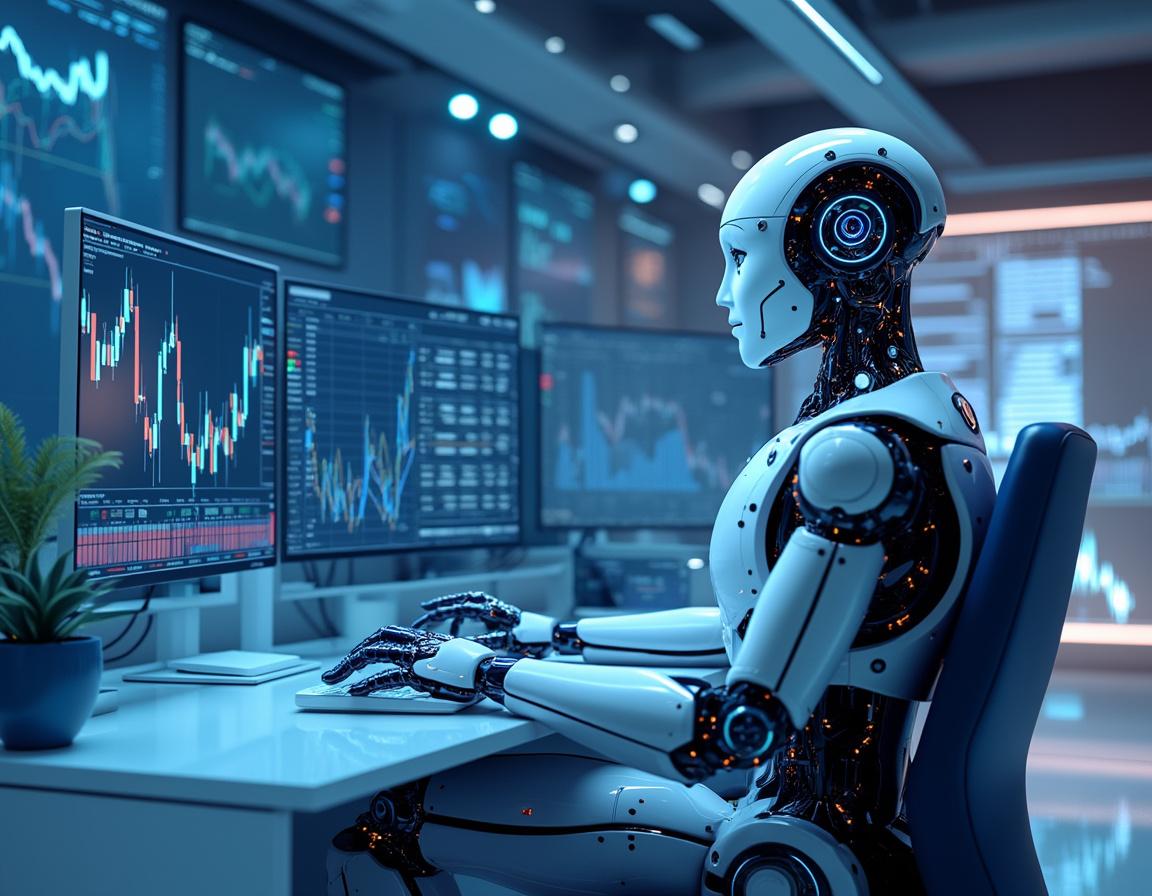 A hyper-realistic AI trading bot analyzes market data at a high-tech workstation surrounded by multiple screens.