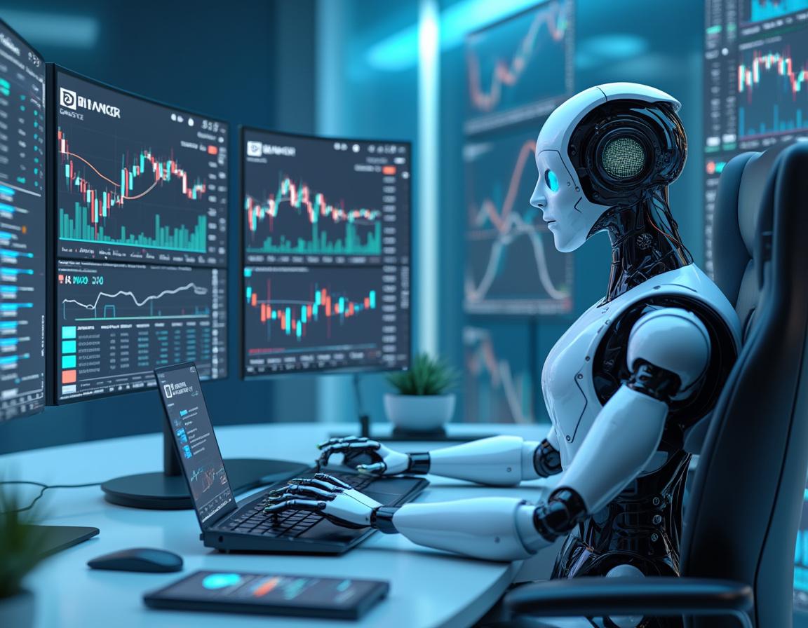 A hyper-realistic AI trading bot analyzes market data at a high-tech workstation with multiple screens.