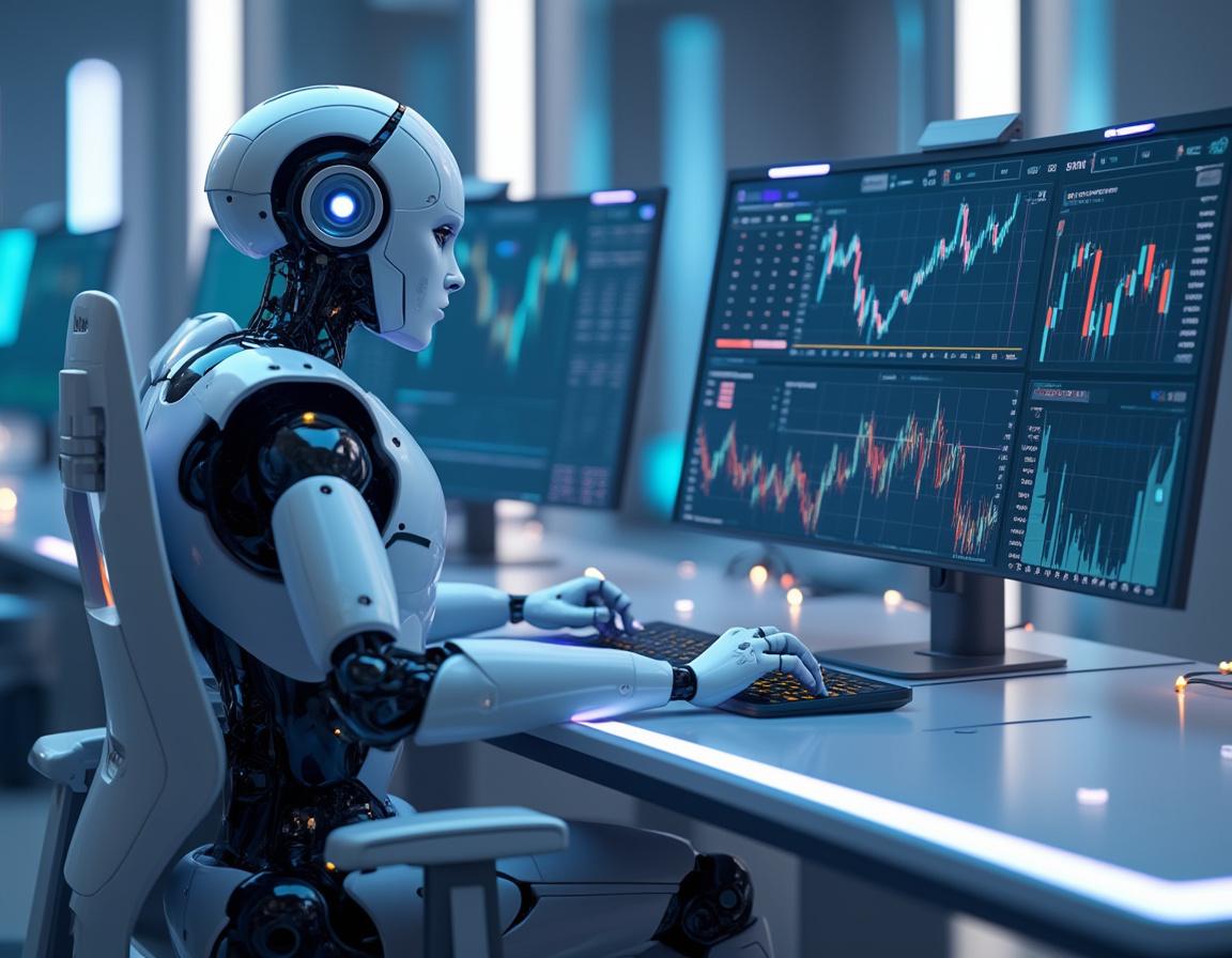 A humanoid AI trading bot at a high-tech workstation analyzing market data on multiple screens.