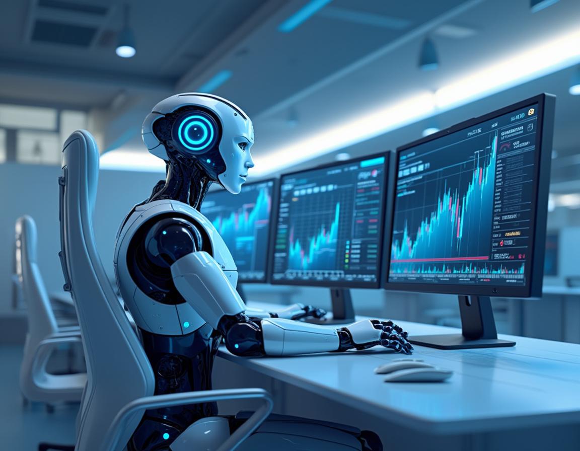 A humanoid AI trading bot at a high-tech workstation analyzing market data on multiple screens.