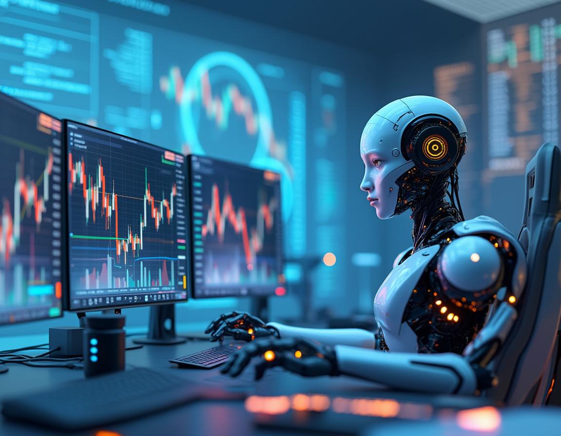 A humanoid AI trading bot analyzes market data at a high-tech workstation surrounded by screens.