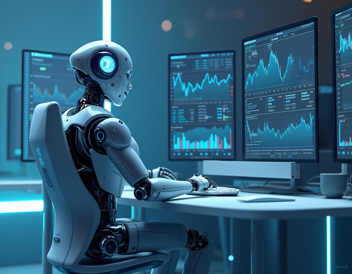 A hyper-realistic AI trading bot at a futuristic workstation analyzing stock and crypto market data.
