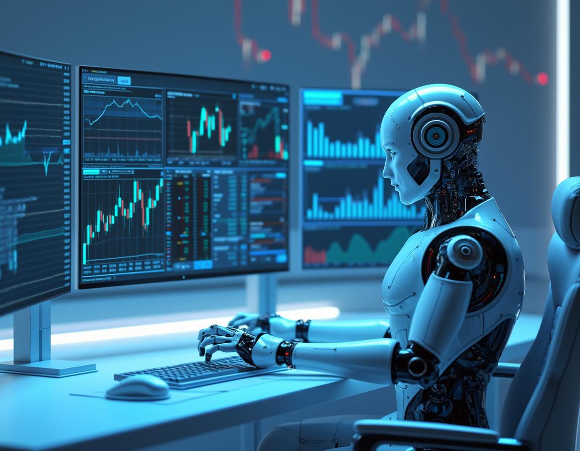 A hyper-realistic AI trading bot at a sleek workstation, analyzing market data and executing trades.