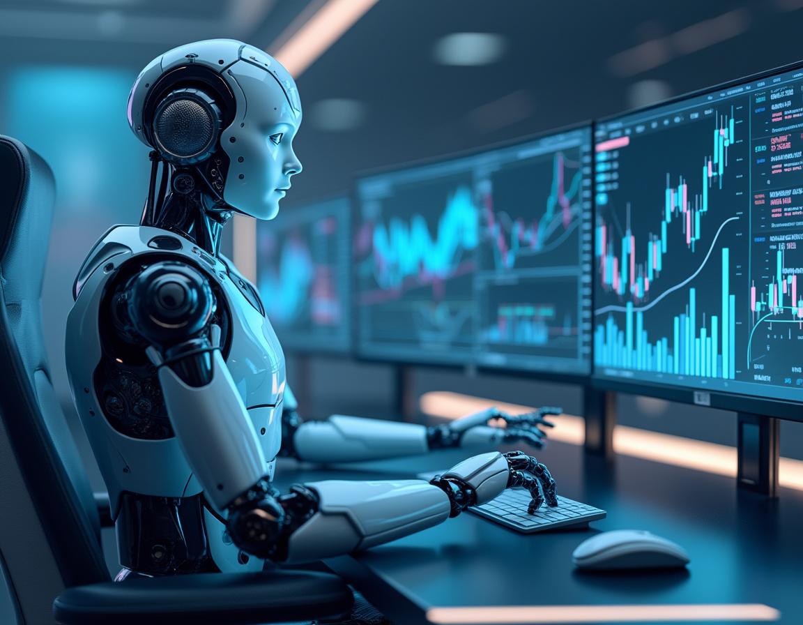 A humanoid AI trading bot at a workstation, analyzing market data on multiple screens in 3D realism.