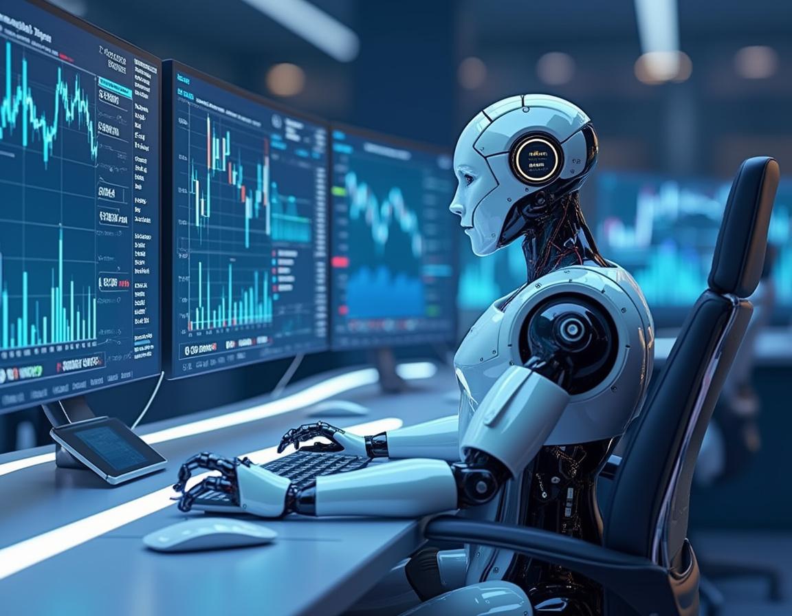 A hyper-realistic AI trading bot at a sleek workstation analyzing market data on multiple screens.