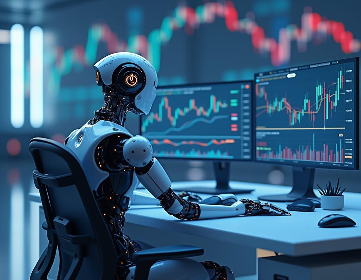 A humanoid AI trading bot at a futuristic workstation analyzing market data on multiple screens.