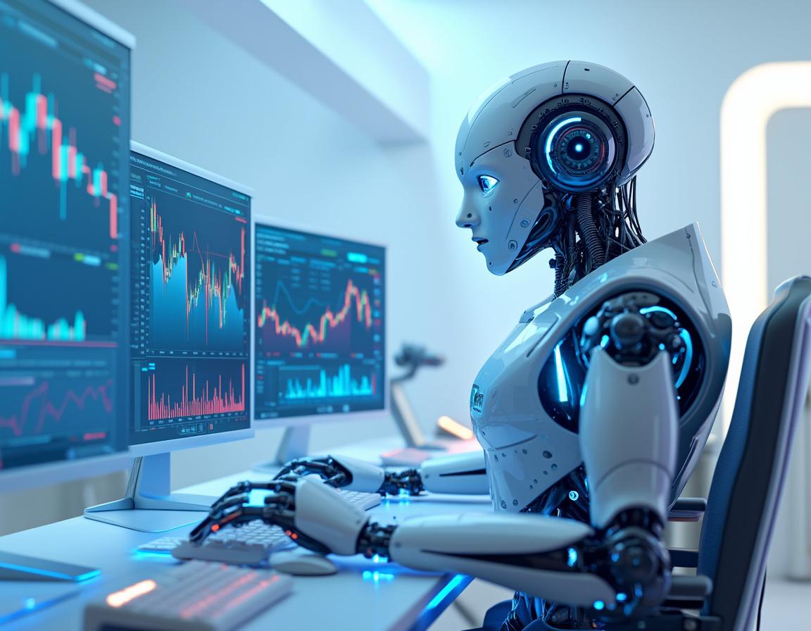 Hyper-realistic AI trading bot at high-tech workstation, analyzing market data on multiple screens.