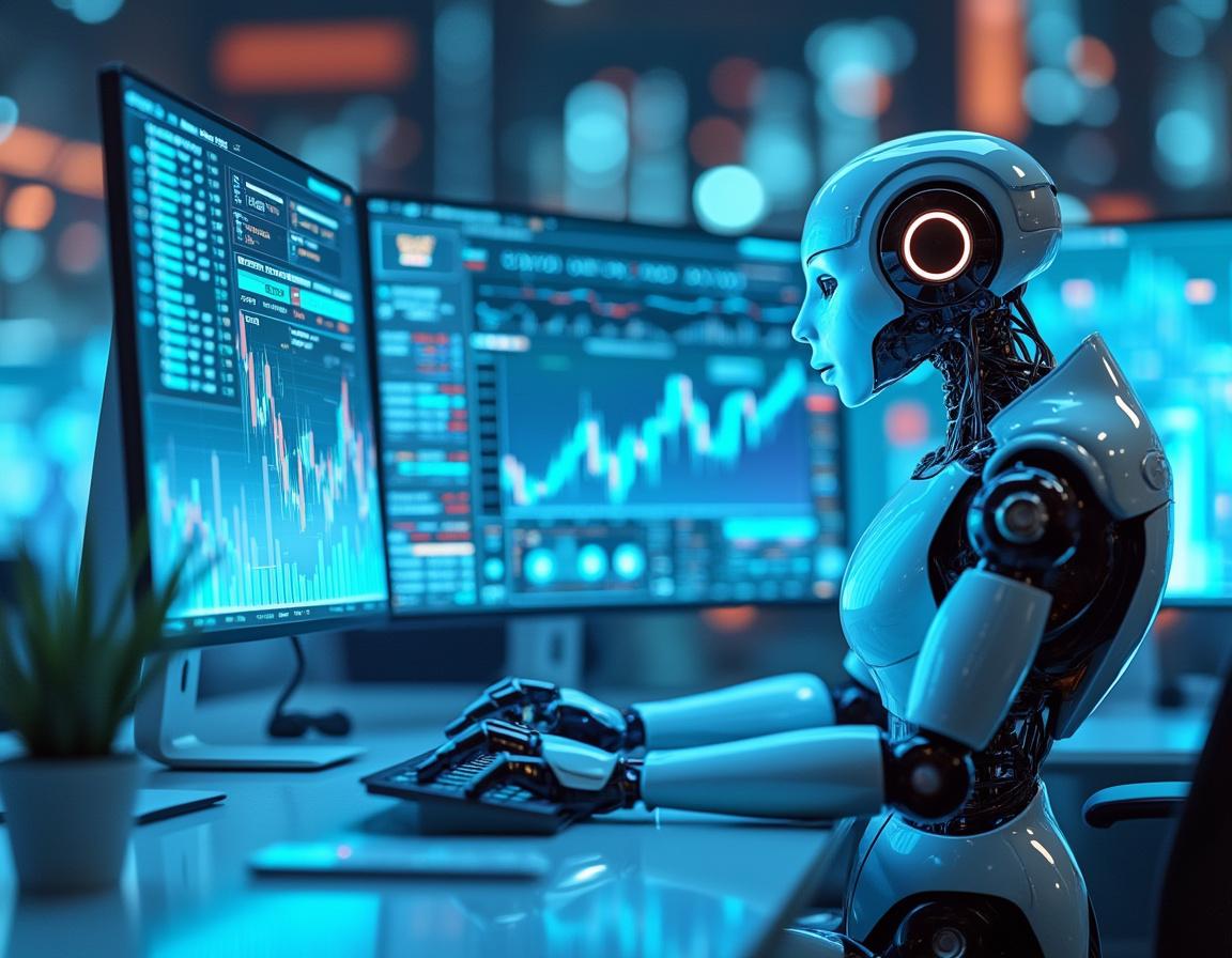 A humanoid AI trading bot at a high-tech workstation analyzing market data on multiple screens.