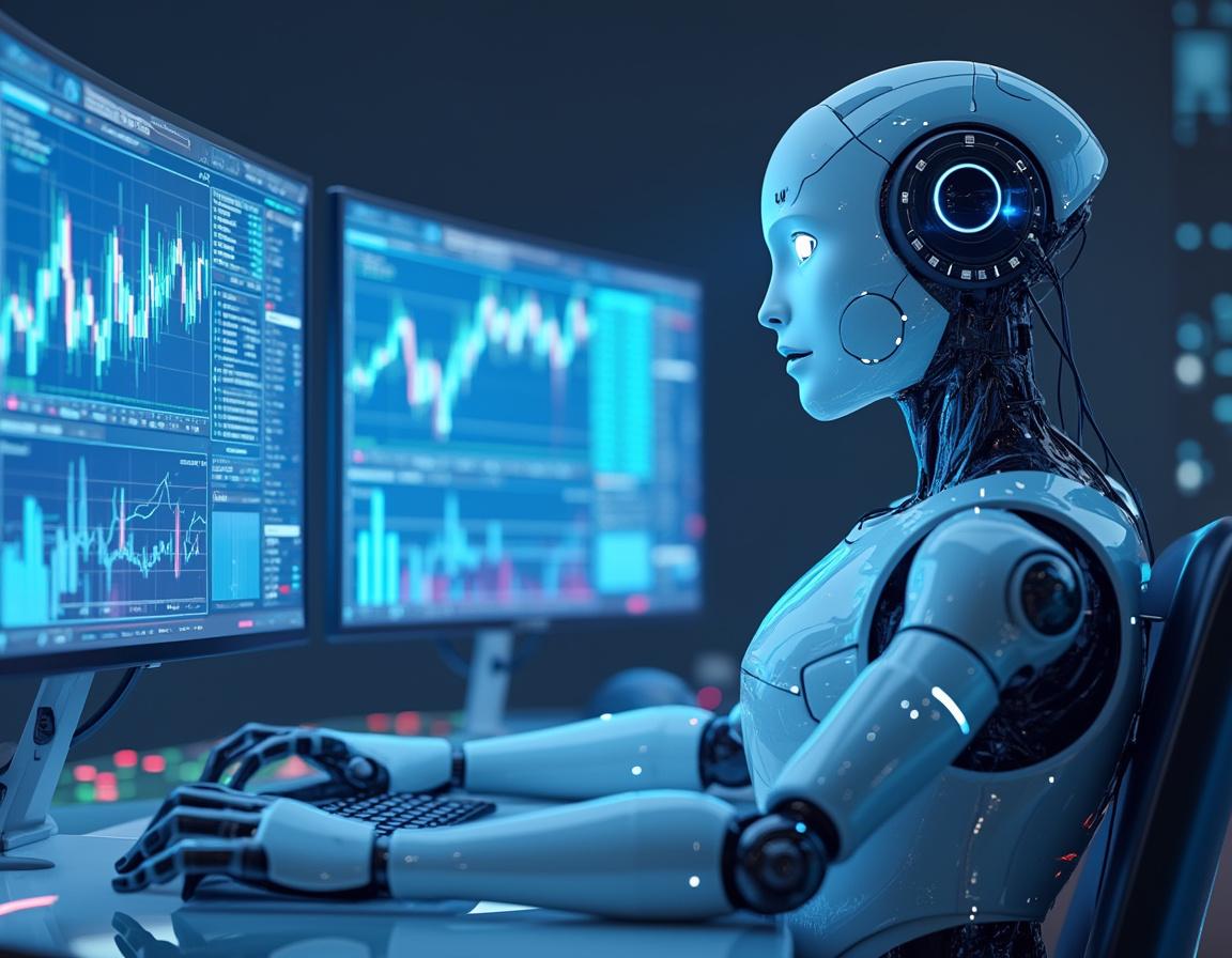 A humanoid AI trading bot analyzes market data at a high-tech workstation surrounded by screens.