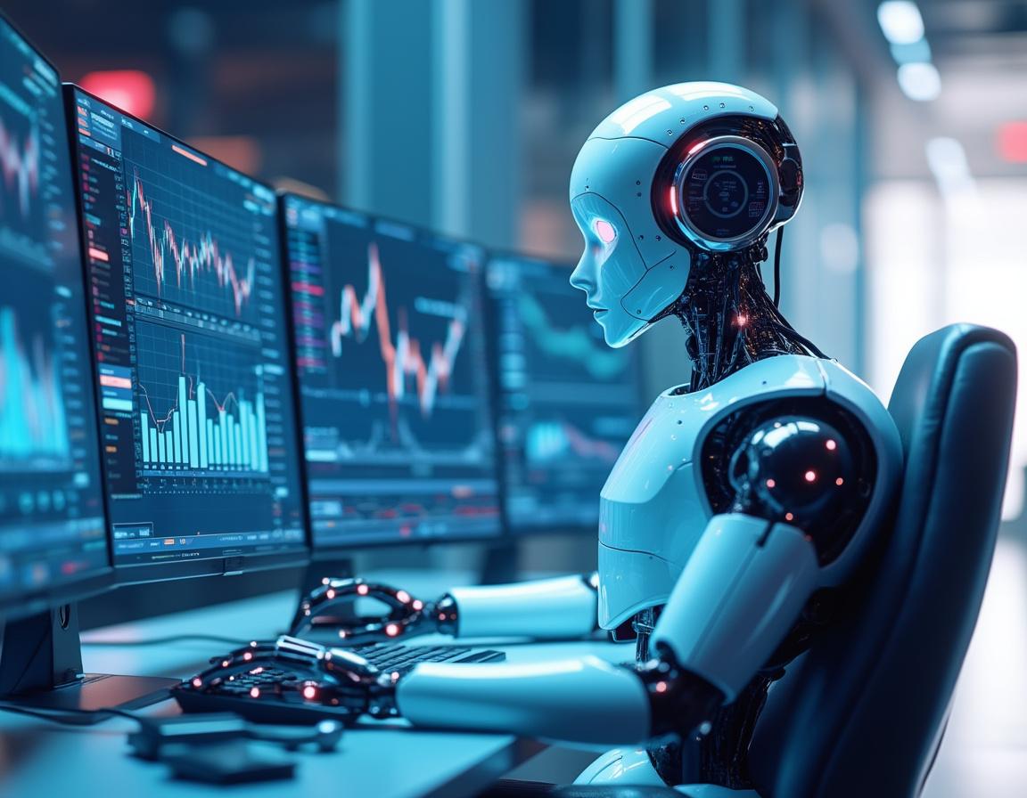 A humanoid AI trading bot analyzes market data at a futuristic workstation with glowing screens.