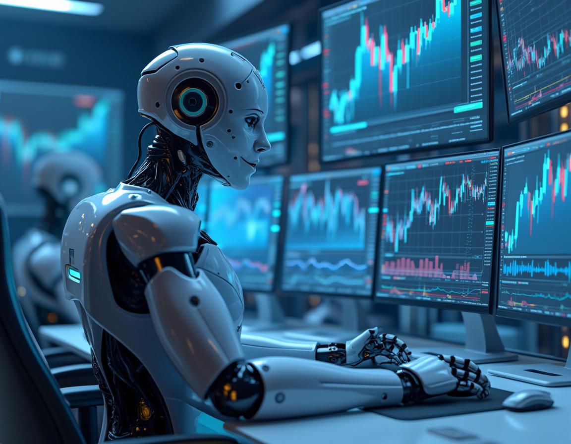 A humanoid AI trading bot analyzing market data at a futuristic workstation with multiple screens.