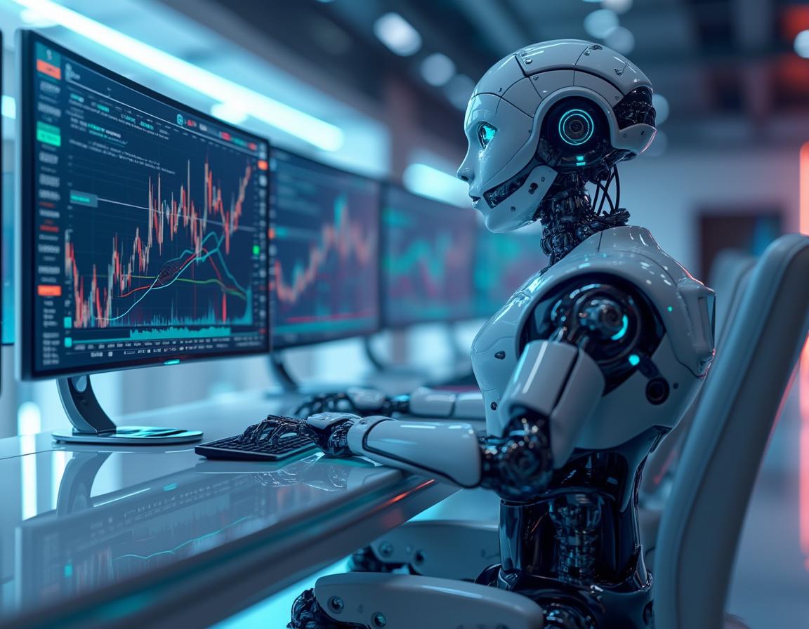 A hyper-realistic AI trading bot at a futuristic workstation analyzing crypto and stock market data.
