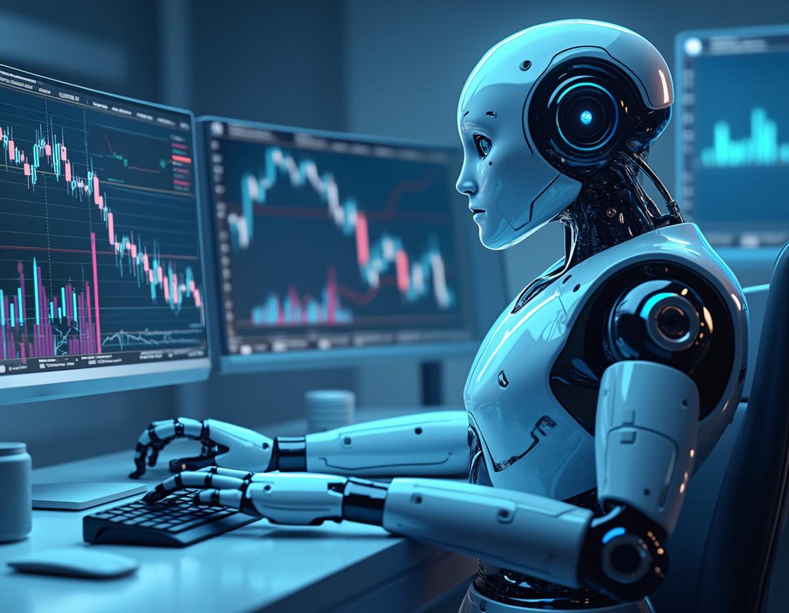 A hyper-realistic AI trading bot at a workstation, analyzing market data across multiple screens.