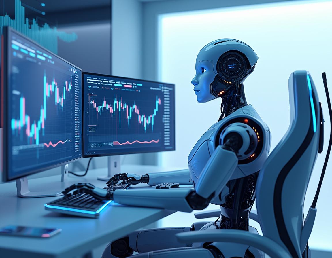 A humanoid AI trading bot at a high-tech workstation analyzes market data on multiple screens.