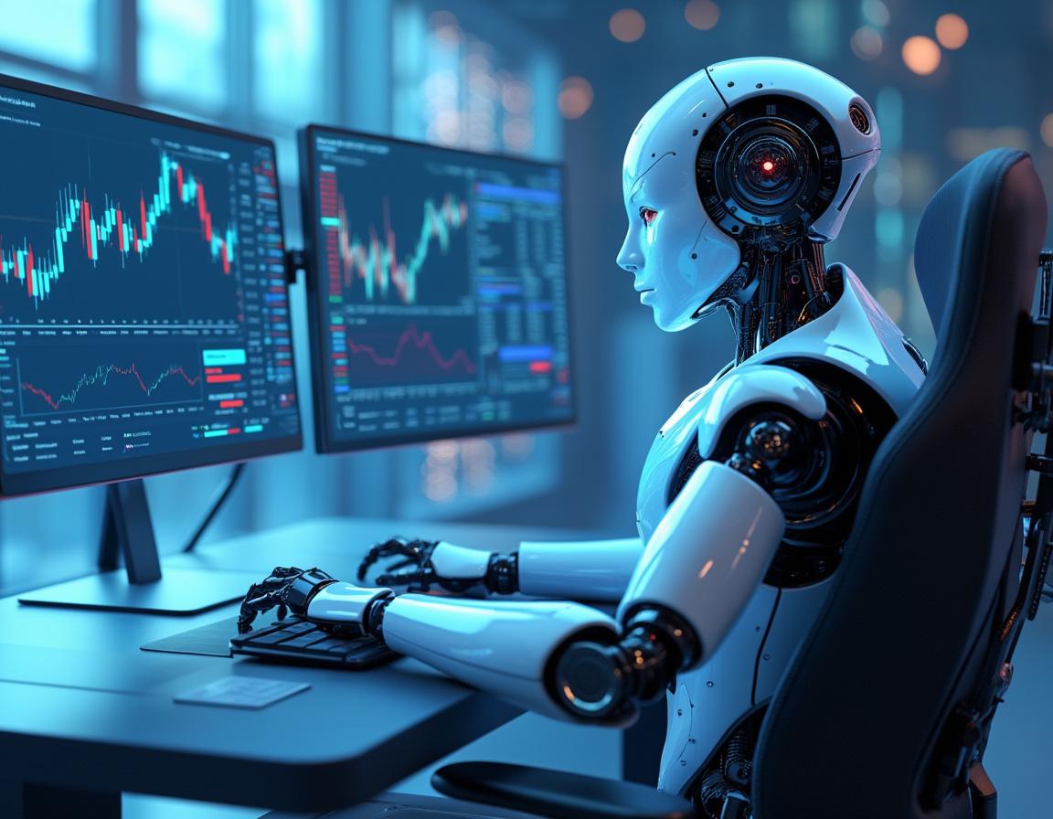 A sleek, humanoid AI trading bot at a high-tech workstation analyzing stock and crypto market data.
