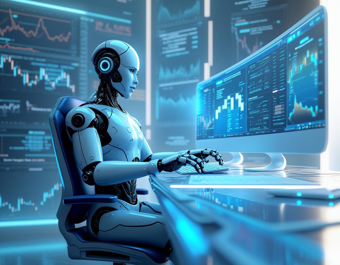 A hyper-realistic AI trading bot operates at a high-tech workstation analyzing market data trends.