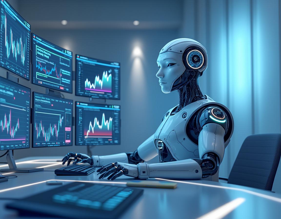 A humanoid AI trading bot analyzes market data at a high-tech workstation with multiple screens.