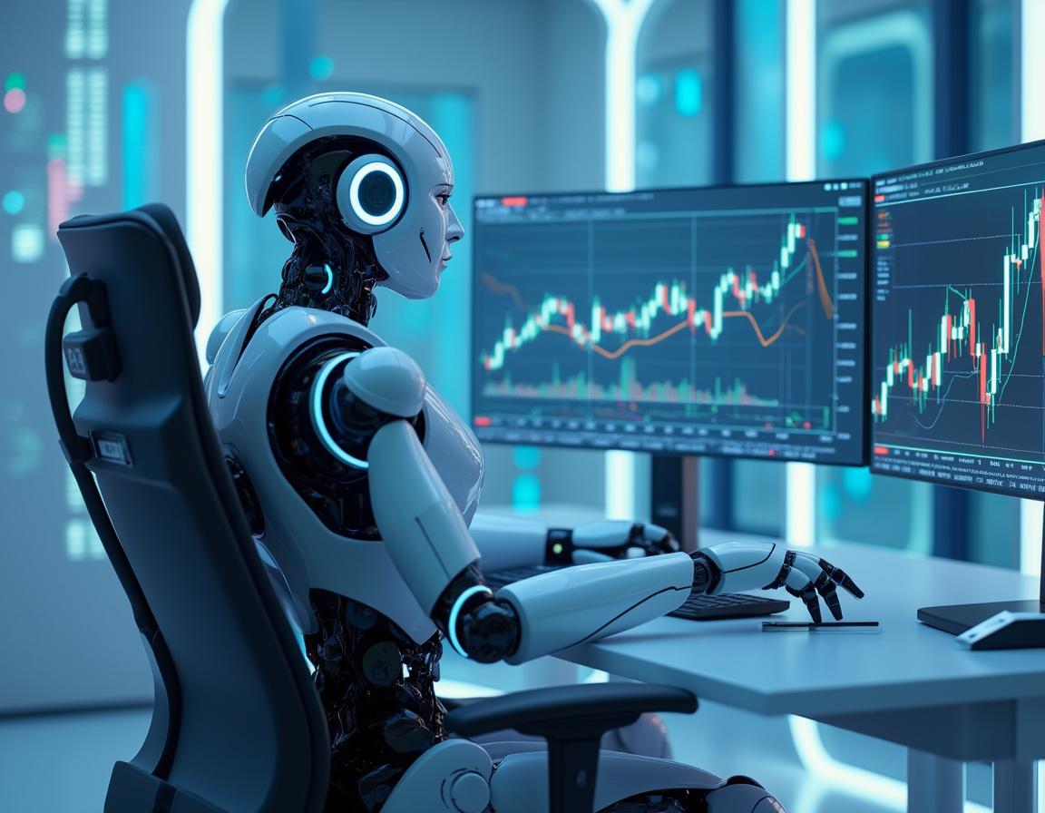A humanoid AI trading bot analyzes market data at a high-tech workstation, screens showing trends.