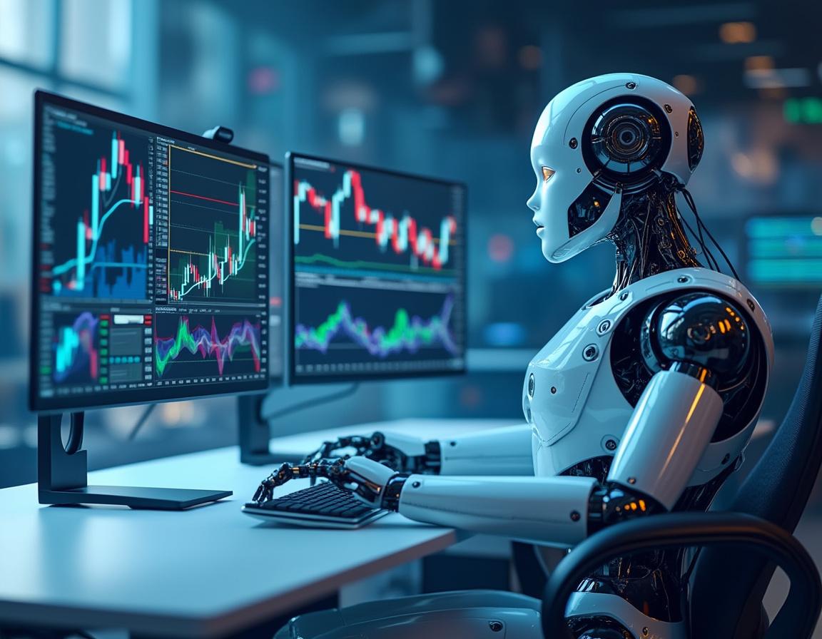 A humanoid AI trading bot at a high-tech workstation, analyzing market data on multiple screens.
