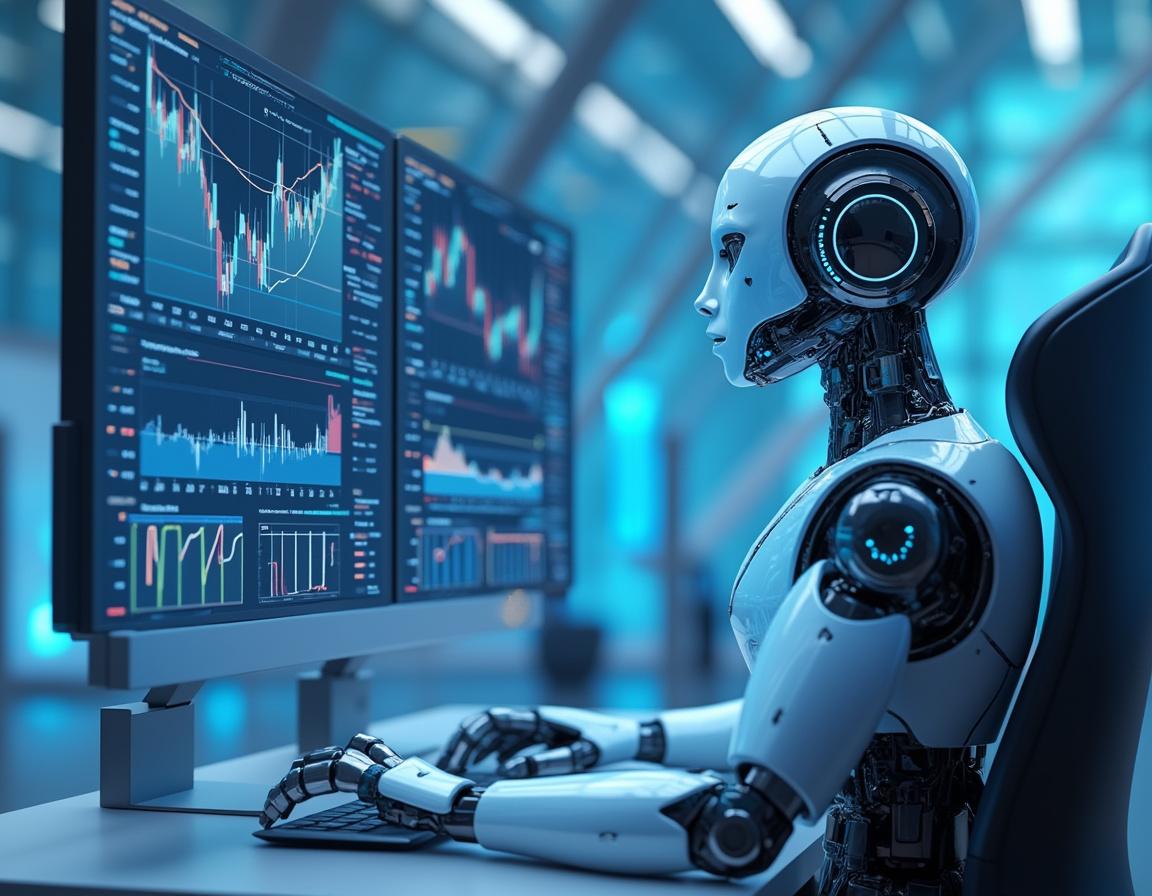 A hyper-realistic AI trading bot at a workstation analyzing market data across multiple screens.