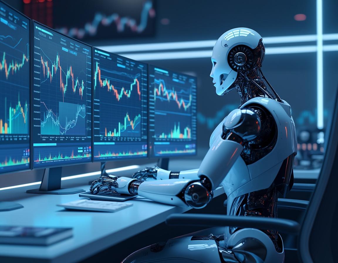 A futuristic AI trading bot at a sleek workstation, analyzing market data on multiple screens.