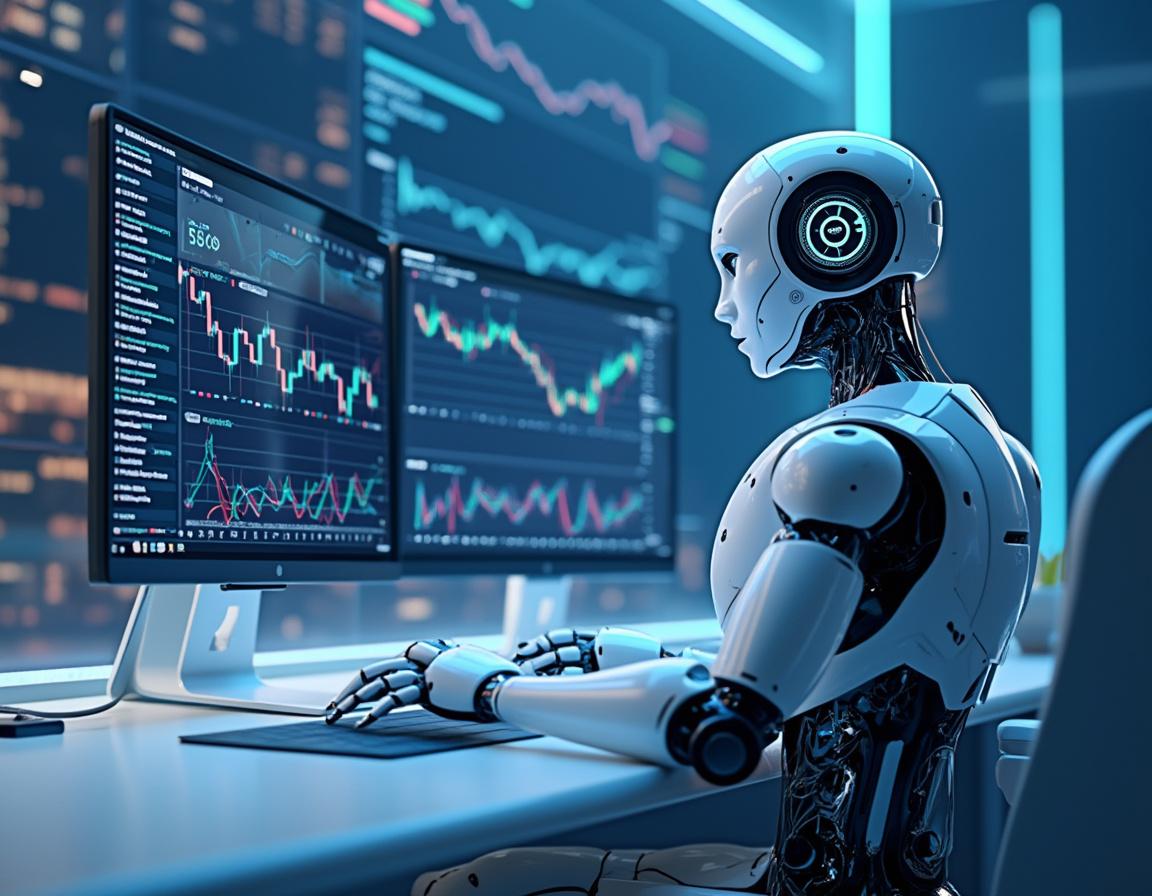 A hyper-realistic AI trading bot at a workstation analyzing crypto data on multiple screens.