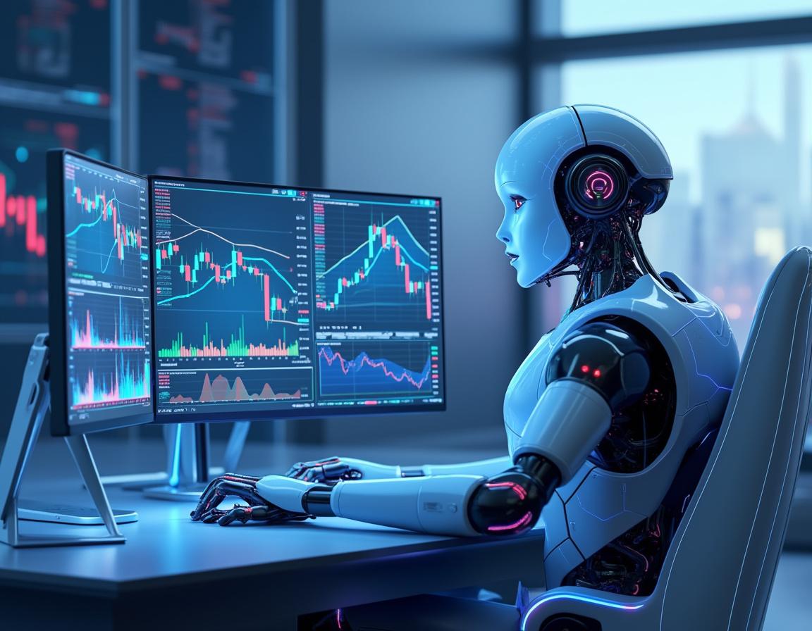 A humanoid AI trading bot at a high-tech workstation analyzing market data across multiple screens.