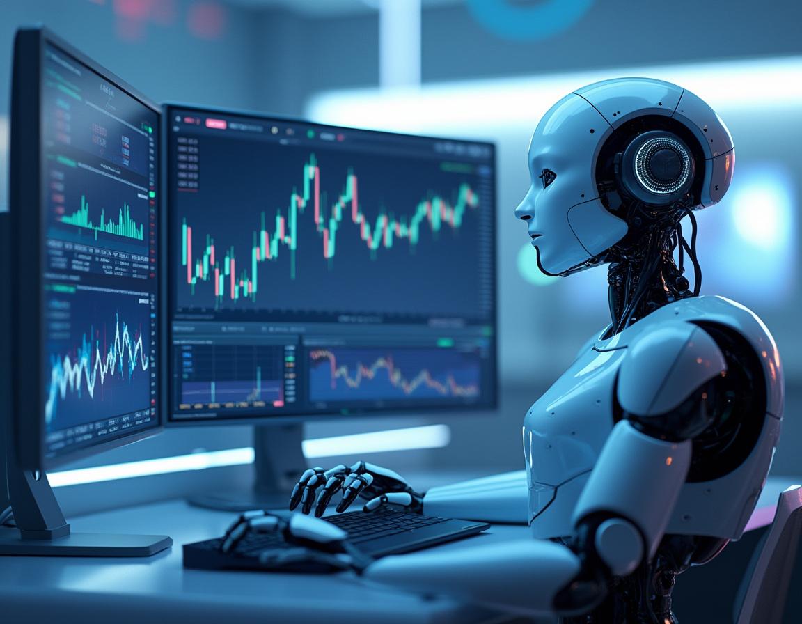 A hyper-realistic AI trading bot analyzes market data on multiple screens in a futuristic setting.