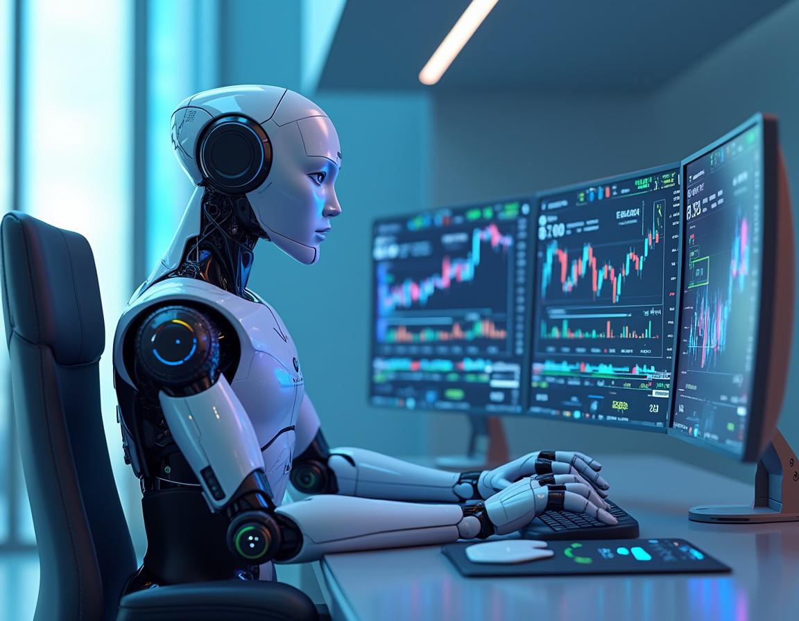 A hyper-realistic AI trading bot analyzes market data at a workstation with multiple trend displays.